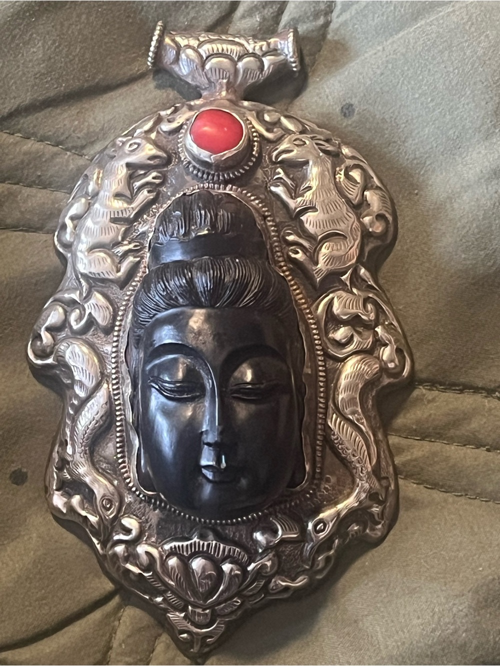 Lotus Dragon Guanyin Pendant is a large vintage Tibetan Silver statement amulet